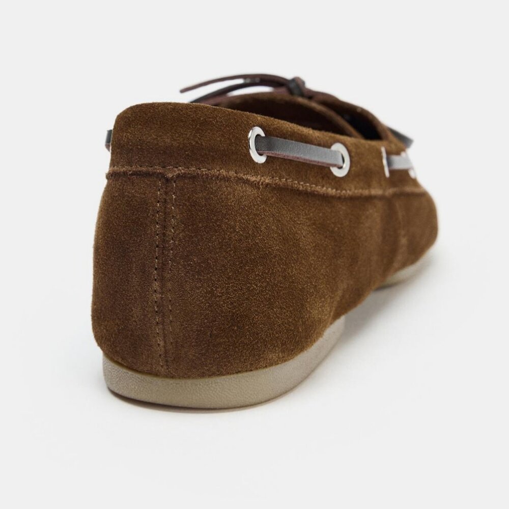 NWT Zara Suede Topstitched Loafers Brown Women's Size 10 Deck Shoes - Picture 5 of 5